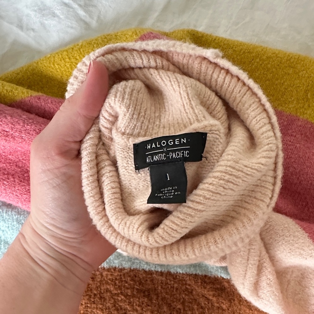 Halogen x Atlantic Pacific Striped Turtleneck Sweater in Pink, Mustard & Teal - Picture 2 of 2